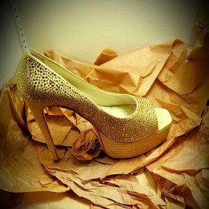 Alice+Olivia Gold Rhinestones PeepToe PlatformHeel